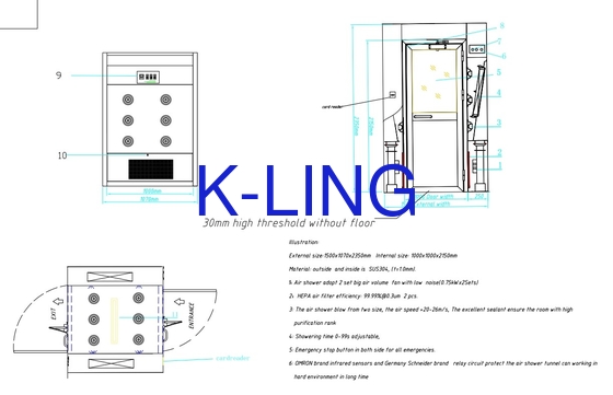 Stainless Steel Lab Air Shower With LED Lighting System 22-30m/s Air Velocity 1000-3000m3/h Air Flow